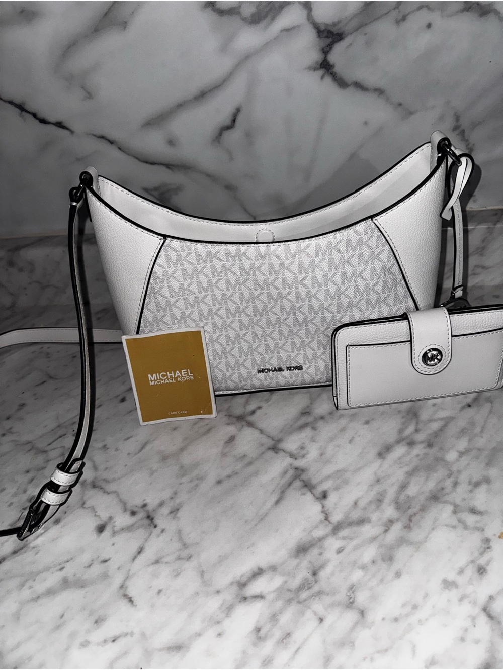 Michael Kors White Logo Crescent Shoulder Bag with Matching Wallet